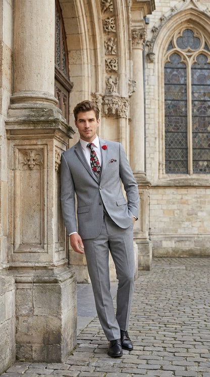 Men’s Grey Trim Tuxedo Suit – Vested Wedding, Prom and Formal Suit with Black Lapel Accents