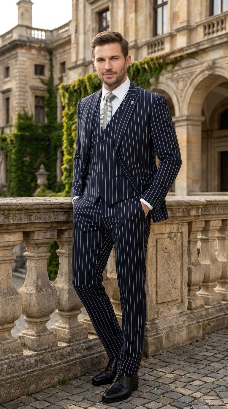 Men’s 3-Piece Gangster Pinstripe Suit – 2-Button Vintage Suit in Black, Grey or Burgundy