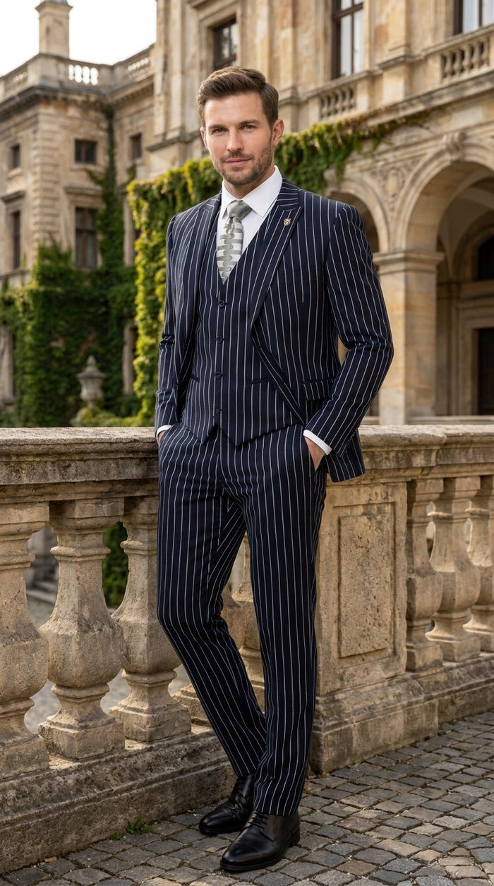 Men’s 3-Piece Gangster Pinstripe Suit – 2-Button Vintage Suit in Black, Grey or Burgundy