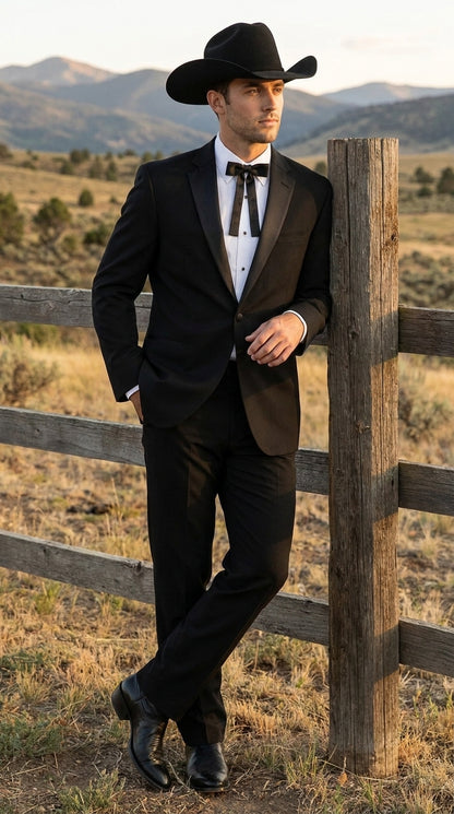 Men's Black Western Cowboy Wedding Tuxedo – One Button Formal Ranch Wedding Suit