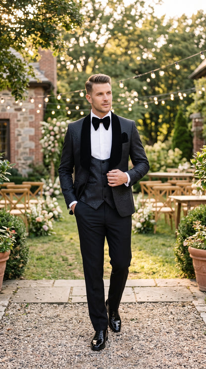 Rossi Man RM1446 Men’s Black Floral Jacquard 3 Piece Smoking Tuxedo Suit, Velvet Shawl Lapel Wedding Prom Suit