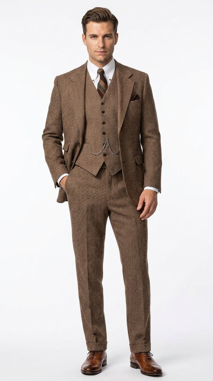 Men’s Light Brown Tweed Herringbone 3 Piece Great Gatsby Suit, Vested Vintage Wedding Formal Suit Set