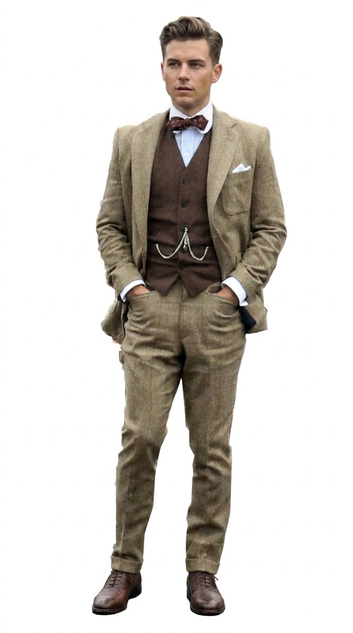 Men’s Taupe Great Gatsby Style 3 Piece Vested Suit, Vintage Wedding Prom Formal Suit Set