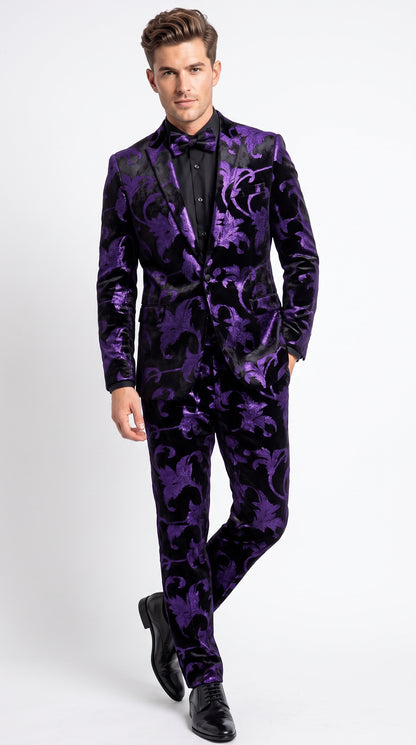Men’s Purple and Black Paisley Tuxedo Suit – Mardi Gras Dinner Jacket with Matching Pants