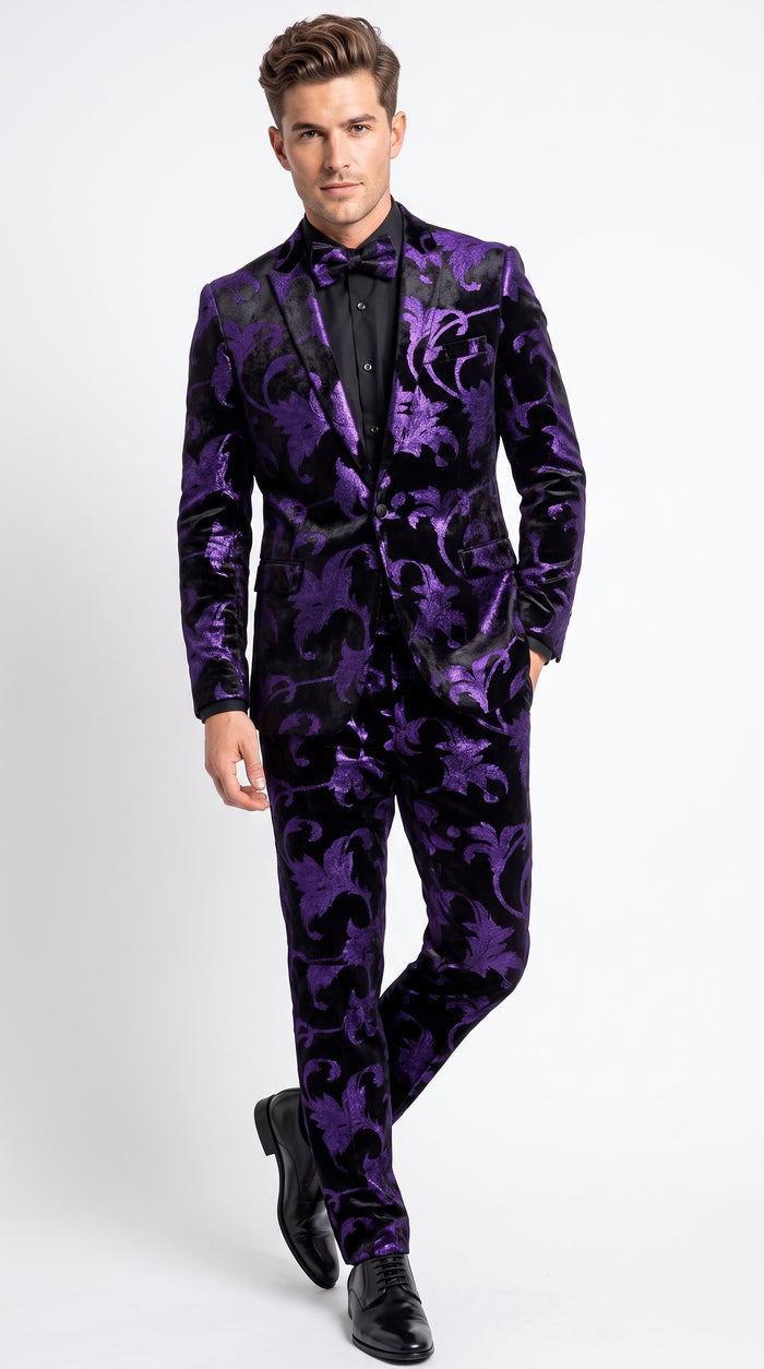 Men’s Purple and Black Paisley Tuxedo Suit – Mardi Gras Dinner Jacket with Matching Pants