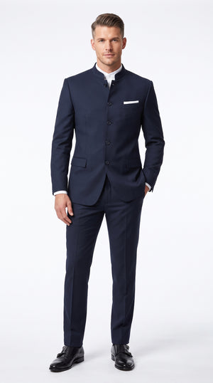 Men’s Dark Navy Blue Mandarin Collar Suit, Banded Collar Formal Wedding Business Dress Suit
