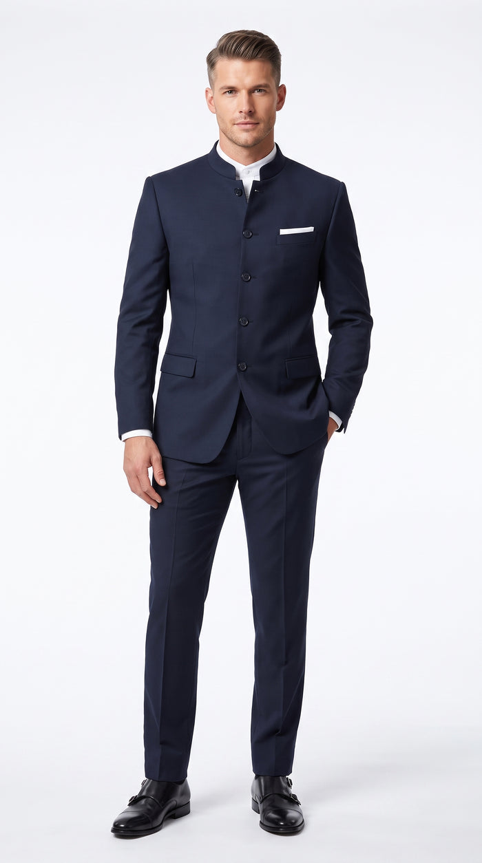 Men’s Dark Navy Blue Mandarin Collar Suit, Banded Collar Formal Wedding Business Dress Suit