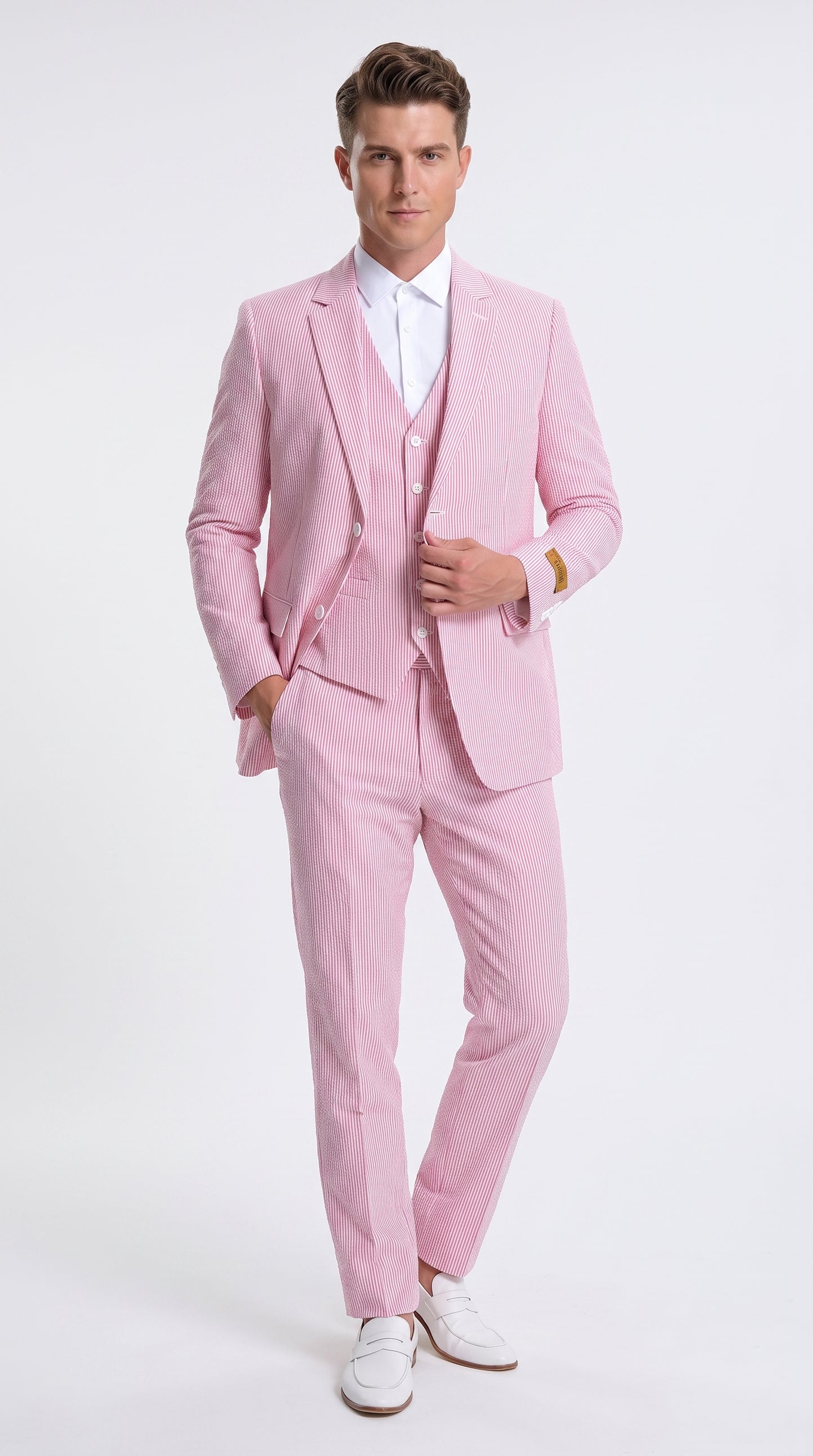 Men’s Red Pinstripe Seersucker Suit – 2 Piece Summer Suit Jacket and Pants
