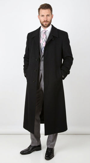 Men’s Black 100% Wool Gabardine Full-Length Overcoat – Wide Lapel Formal Top Coat