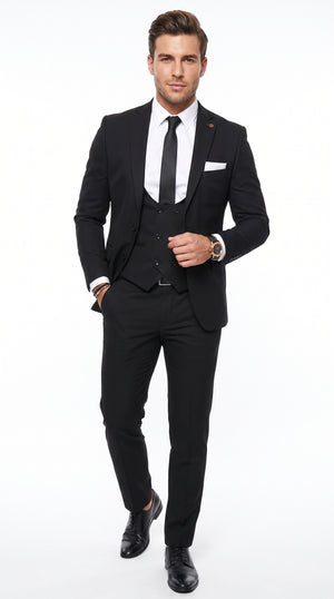 Men’s Black 2 Button Suit with Double Breasted Vest, White Shirt and Black Tie Formal Set