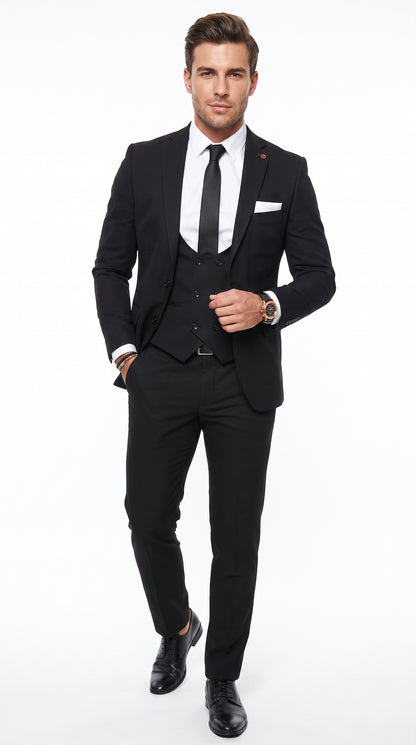 Men’s Black 2 Button Suit with Double Breasted Vest, White Shirt and Black Tie Formal Set