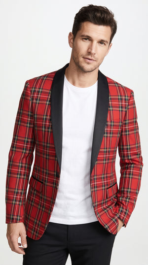 Men's Red Tartan Plaid Tuxedo Dinner Jacket – Black Shawl Lapel Christmas Holiday Blazer for Weddings, Prom & Formal Parties