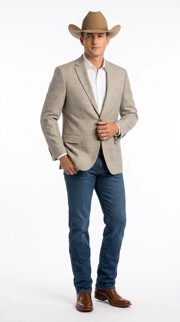 Men’s Light Tan Windowpane Plaid Western Blazer, Cowboy Sport Coat for Business Casual and Summer Events
