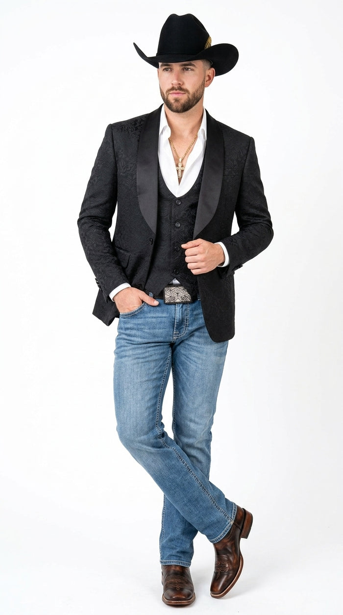 Men’s Black Paisley Jacquard Blazer with Satin Shawl Lapel, Western Formal Designer Jacket