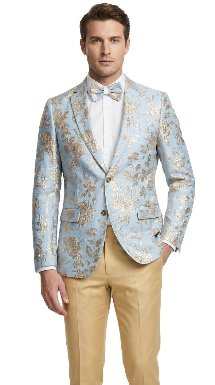 Men’s Sky Blue and Silver Foil Paisley Blazer, 2 Button Prom Wedding Party Dinner Jacket