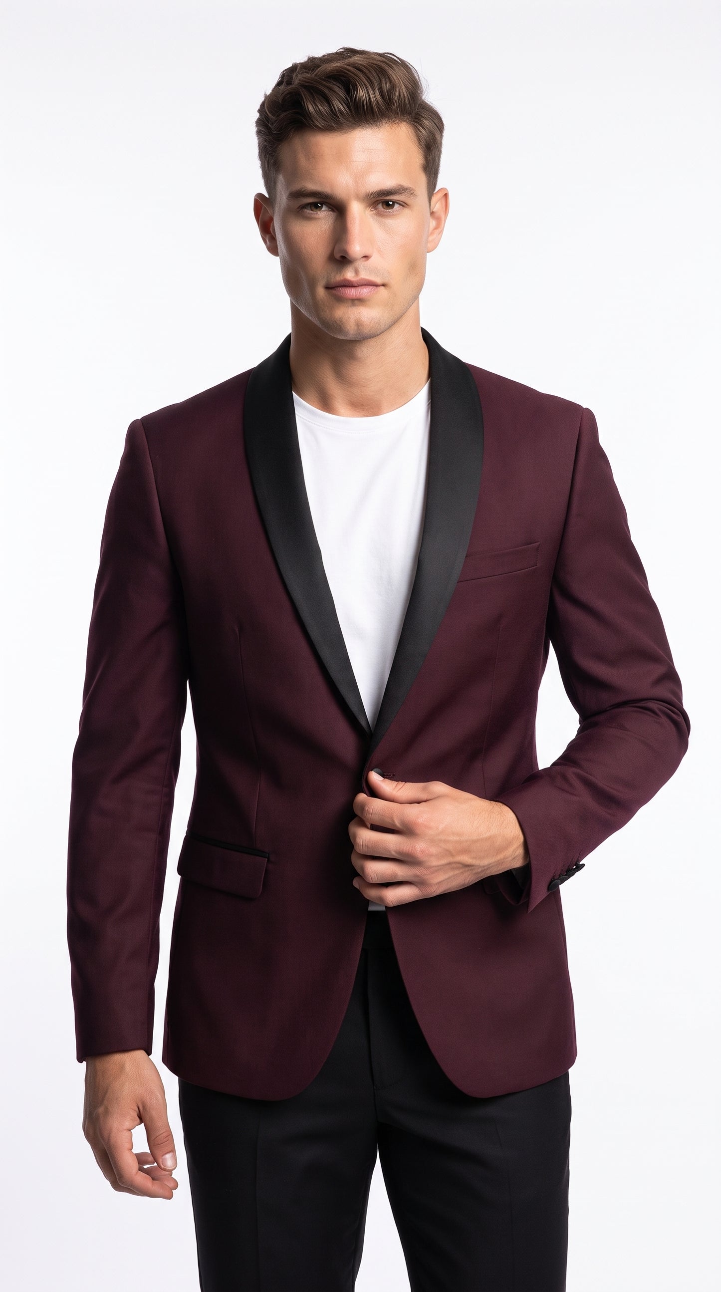 Men’s Burgundy Wool Dinner Jacket with Black Shawl Lapel, 1 Button Formal Tuxedo Blazer