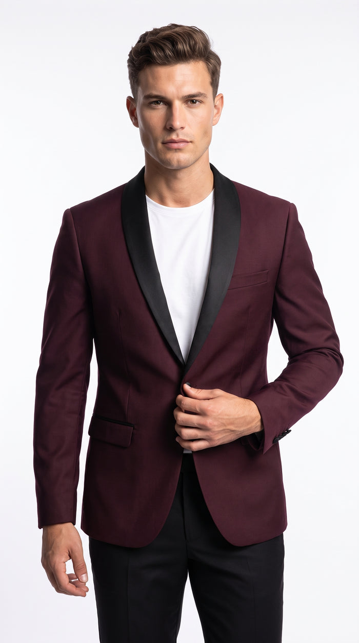 Men’s Burgundy Wool Dinner Jacket with Black Shawl Lapel, 1 Button Formal Tuxedo Blazer