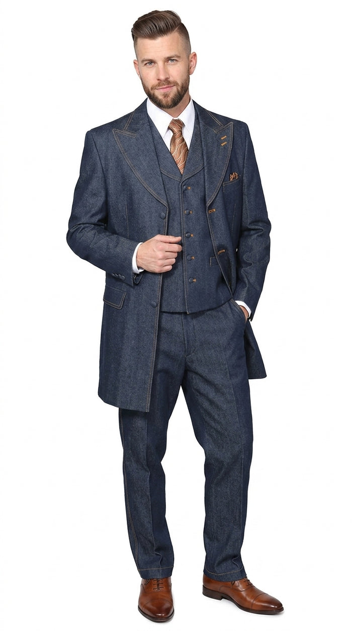 Men’s Blue Denim Zoot Suit, Long Vested Vintage Jeans Style Formal Suit Set