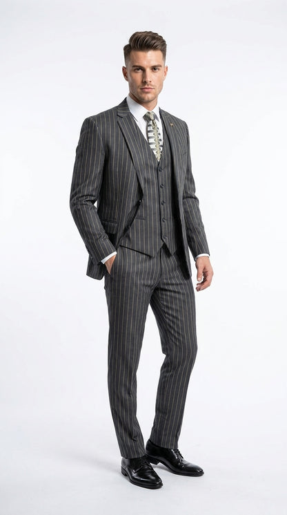 Men’s 3-Piece Gangster Pinstripe Suit – 2-Button Vintage Suit in Black, Grey or Burgundy