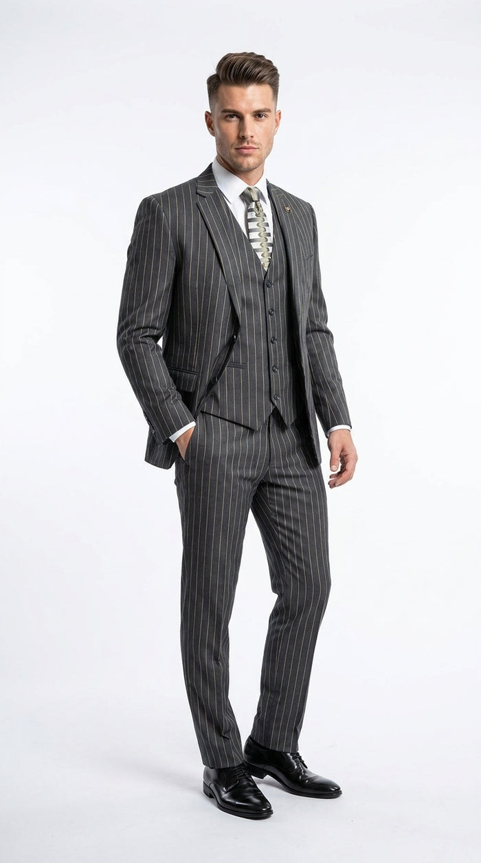 Men’s 3-Piece Gangster Pinstripe Suit – 2-Button Vintage Suit in Black, Grey or Burgundy
