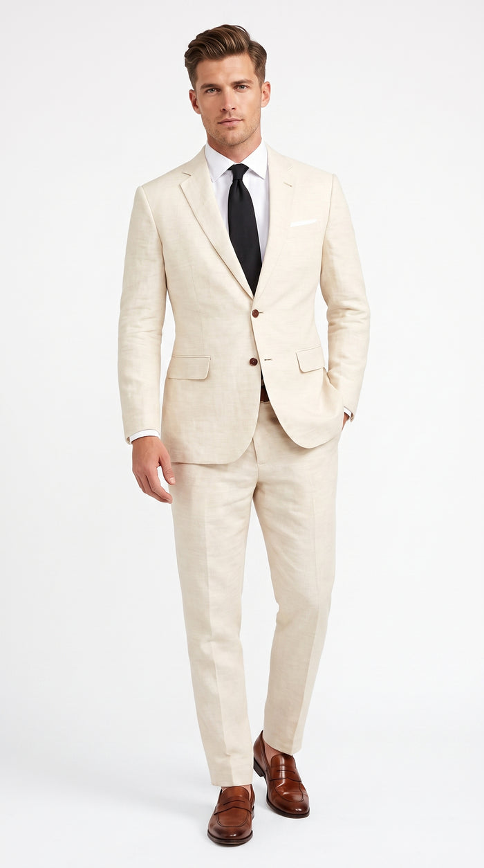 Men’s Beige Linen Suit – 2 Piece Summer Beach Wedding Suit for Men