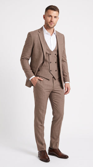 Men’s Dark Tan Mocha 3 Piece Wedding Suit, Double Breasted Vest Formal Groom and Groomsmen Suit