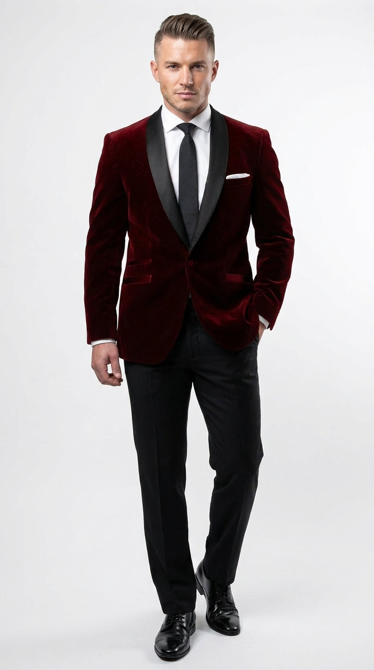 Men's One Button Velvet Shawl BMen’s Burgundy Velvet One Button Tuxedo Jacket, Black Shawl Collar Formal Dinner Blazer for Weddings, Prom, Parties, and Special Occasionsurgundy Collar Tuxedo Jacket