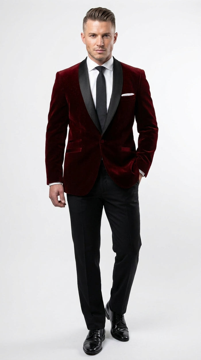 Men's One Button Velvet Shawl BMen’s Burgundy Velvet One Button Tuxedo Jacket, Black Shawl Collar Formal Dinner Blazer for Weddings, Prom, Parties, and Special Occasionsurgundy Collar Tuxedo Jacket