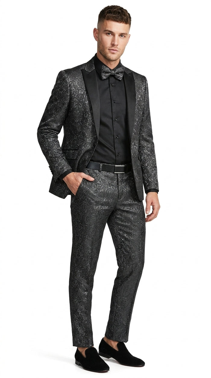 Men’s Black Patterned Tuxedo Suit, Wedding Prom Formal Dinner Suit with Satin Lapel