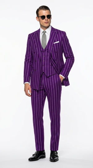 Men’s Purple Pinstripe 1920s Gangster Suit, Vintage Formal 3 Piece Wedding Prom Suit Set