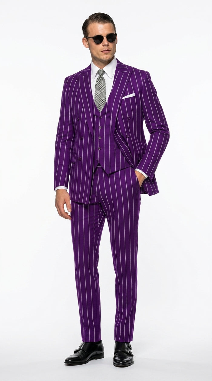 Men’s Purple Pinstripe 1920s Gangster Suit, Vintage Formal 3 Piece Wedding Prom Suit Set