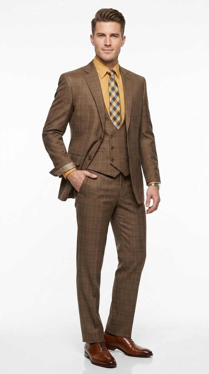 Men’s Brown Windowpane Plaid 3 Piece Suit, Two Button Peak Lapel Classic Formal Suit Set