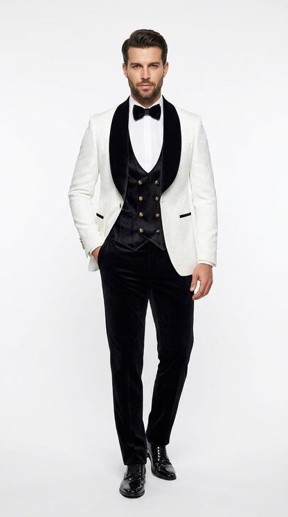 Men’s White Paisley 4 Piece Groom Wedding Suit with Black Velvet Shawl Collar and Matching Bowtie