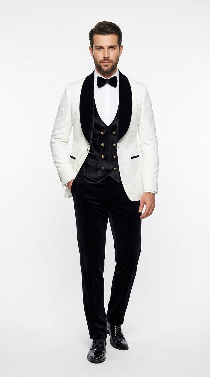Men’s White Paisley 4 Piece Groom Wedding Suit with Black Velvet Shawl Collar and Matching Bowtie
