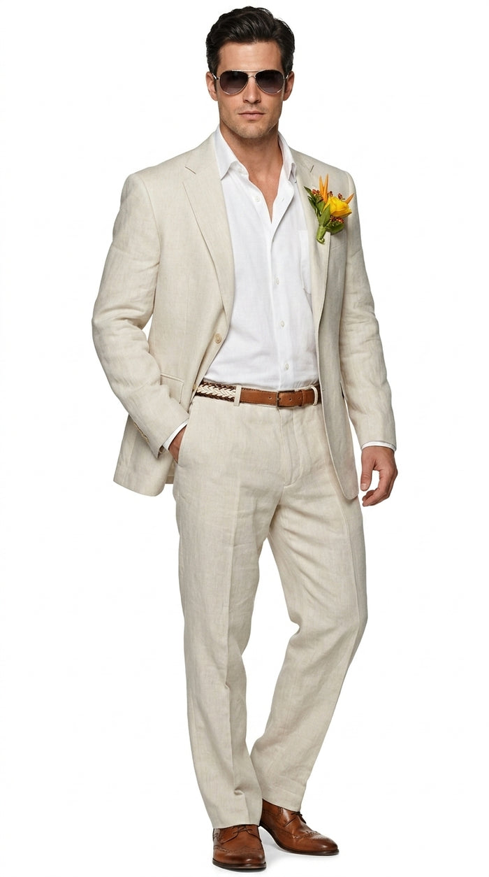 Men’s Natural Sand Light Tan Linen Suit, Summer Beach Wedding Formal Suit Set