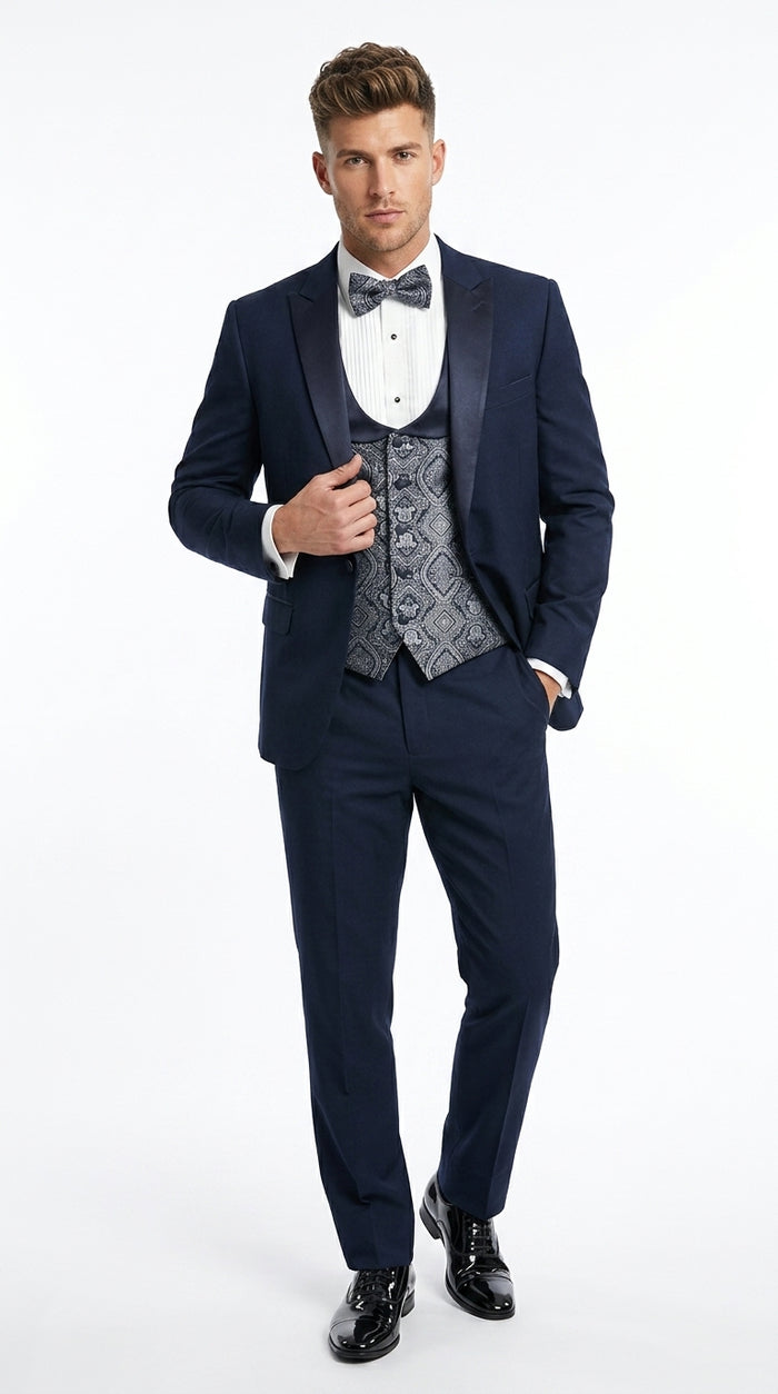 Men’s Indigo Blue One Button Shawl Tuxedo with Paisley Vest, Formal Wedding Prom Dinner Suit Set