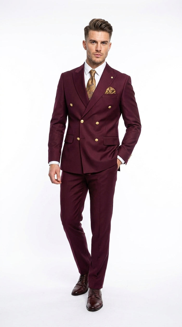 Men’s Burgundy Double Breasted Suit with Gold Buttons, Formal Wedding Prom Dress Suit