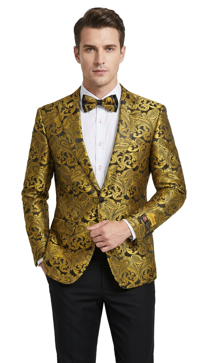 Men’s Gold Paisley Dinner Jacket Blazer – Fancy Formal Wedding Prom Party Tuxedo Jacket
