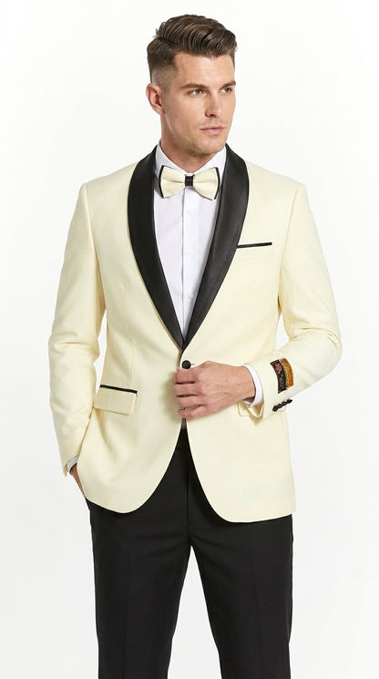 Men’s Ivory Prom Tuxedo Dinner Jacket, Black Shawl Lapel Formal Wedding Blazer