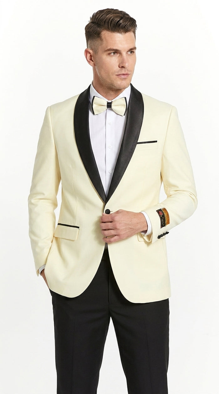 Men’s Ivory Prom Tuxedo Dinner Jacket, Black Shawl Lapel Formal Wedding Blazer
