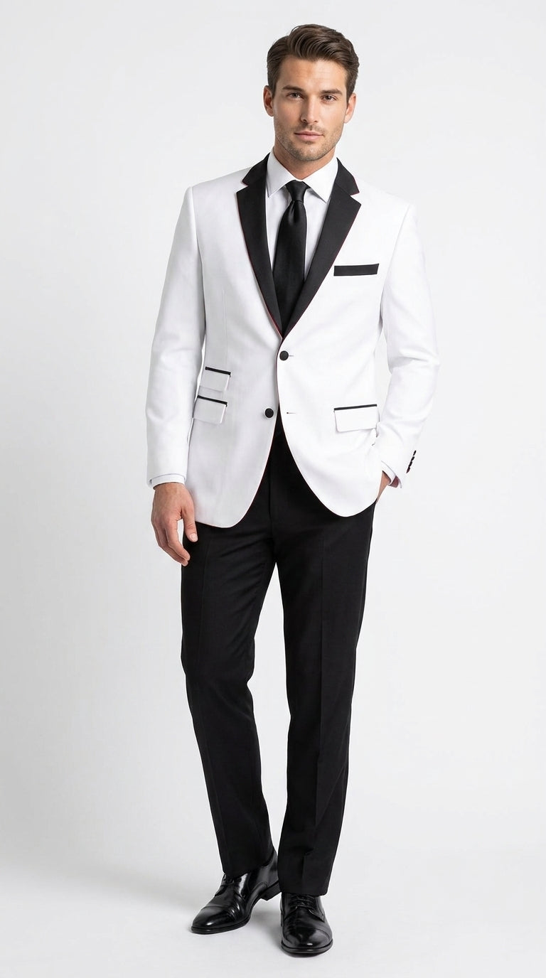 Boys White and Black Two Tone Tuxedo Suit, 2 Button Wedding Party Dinner Jacket with Black Pants