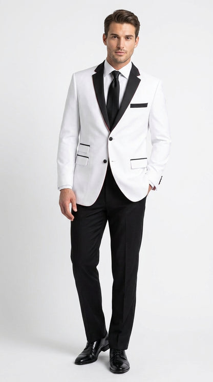 Boys White and Black Two Tone Tuxedo Suit, 2 Button Wedding Party Dinner Jacket with Black Pants
