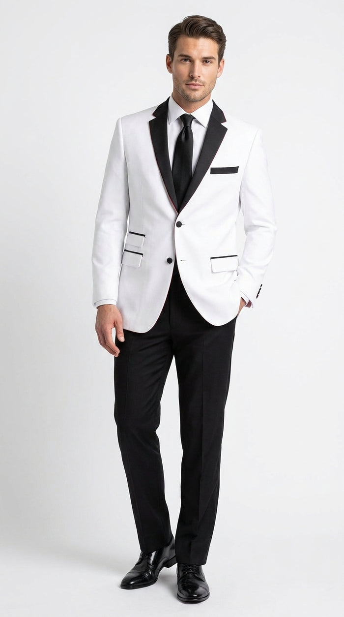 Boys White and Black Two Tone Tuxedo Suit, 2 Button Wedding Party Dinner Jacket with Black Pants