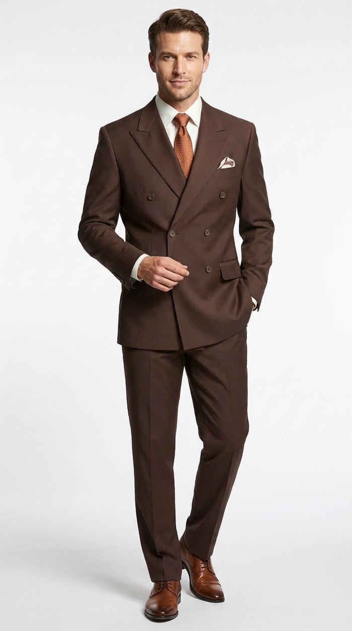 Men's Brown Double-Breasted Poplin Suit – Classic 6 Button Business, Wedding & Formal Suit for Men