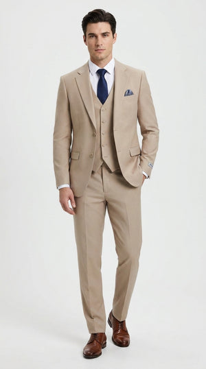 Stacy Adams Men’s Tan 3-Piece Suit – Two-Button Jacket, Matching Vest and Dress Pants