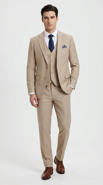 Stacy Adams Men’s Tan 3-Piece Suit – Two-Button Jacket, Matching Vest and Dress Pants