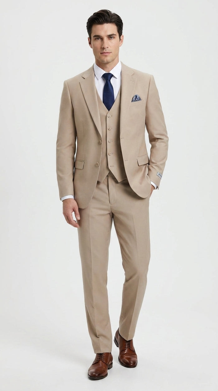 Stacy Adams Men’s Tan 3-Piece Suit – Two-Button Jacket, Matching Vest and Dress Pants