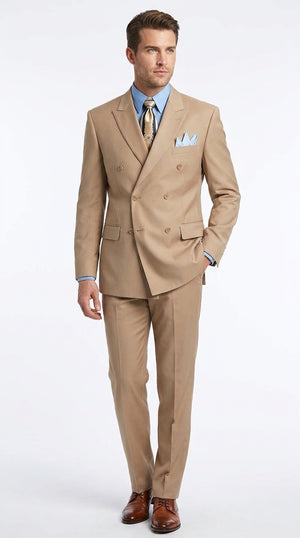 Men’s Tan Double-Breasted Suit – Classic Peak Lapel Business, Wedding and Formal Suit