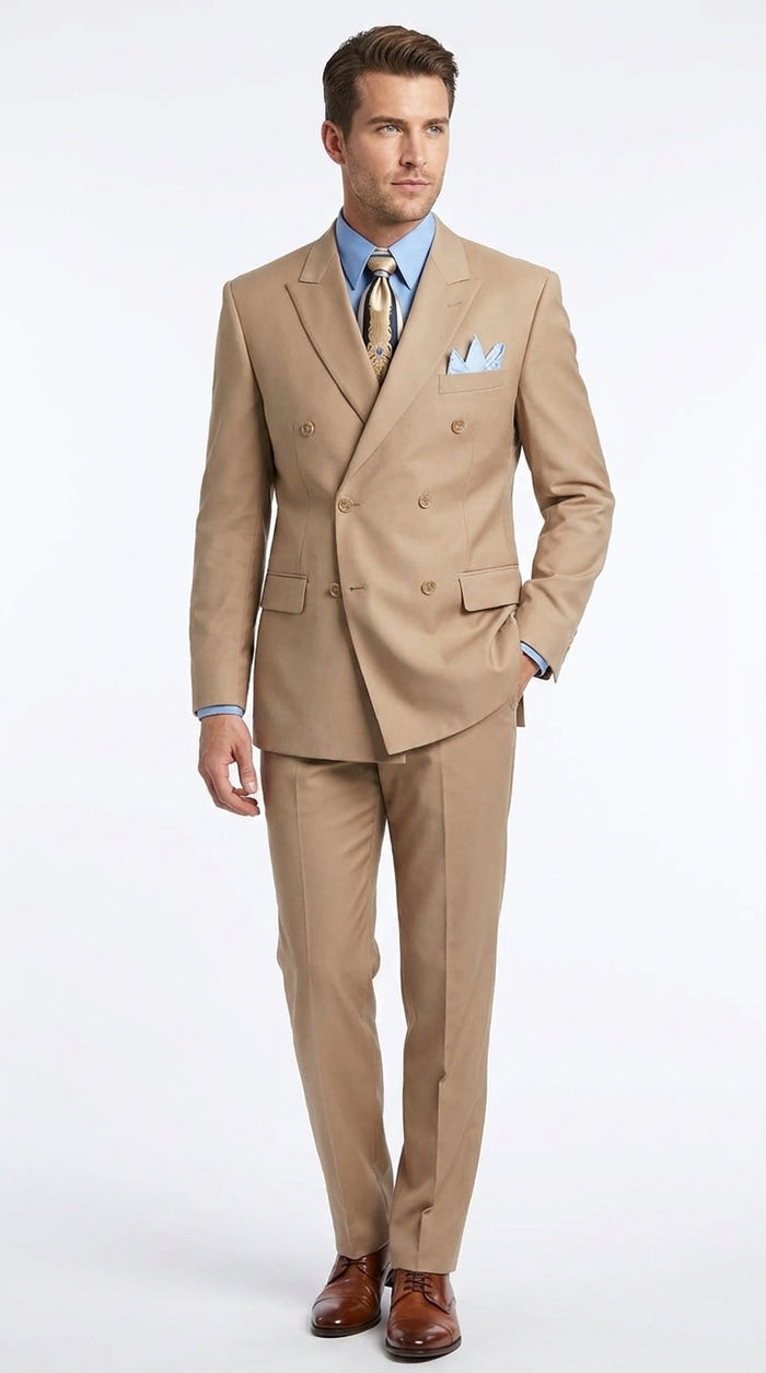 Men’s Tan Double-Breasted Suit – Classic Peak Lapel Business, Wedding and Formal Suit