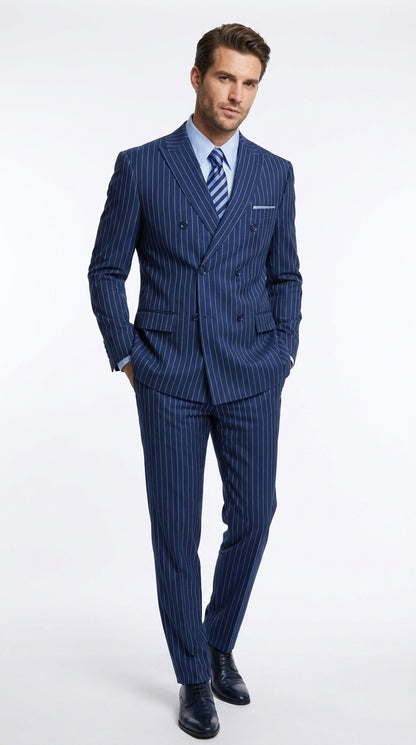 Men’s Royal Blue Pinstripe Double-Breasted Suit – 1920s Gangster Wedding, Prom and Business Suit